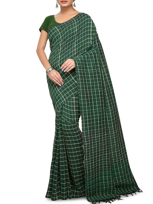 checkered green handloom saree with blouse - 15528803 - Very Small Image - 1