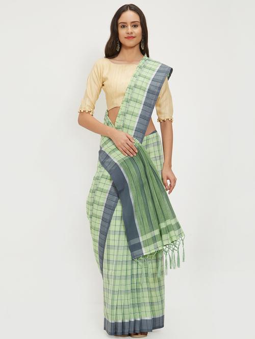checkered linen handloom saree with blouse - 15530661 - Very Small Image - 1
