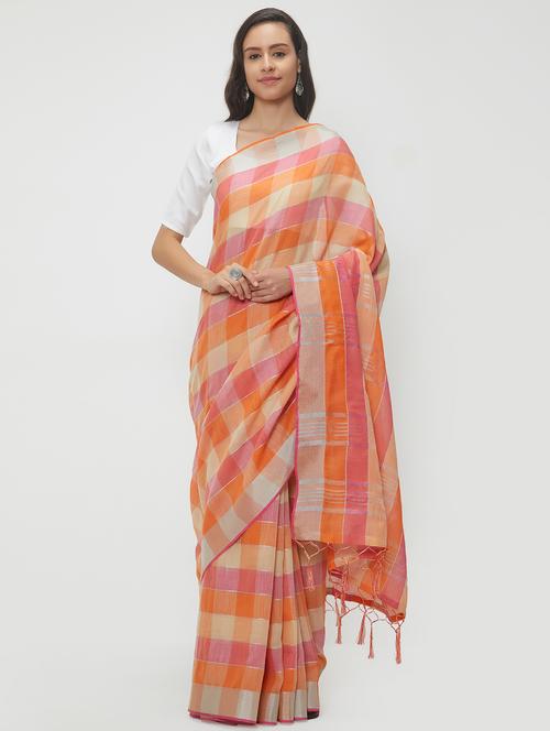 checkered linen handloom saree with blouse - 15530668 - Very Small Image - 1