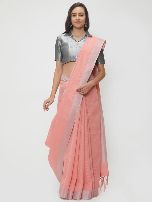 striped linen handloom saree with blouse - 15530679 - Very Small Image - 1
