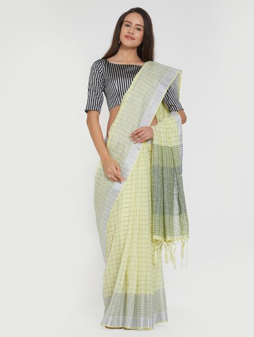 checkered linen handloom saree with blouse - 15530704 - Very Small Image - 1