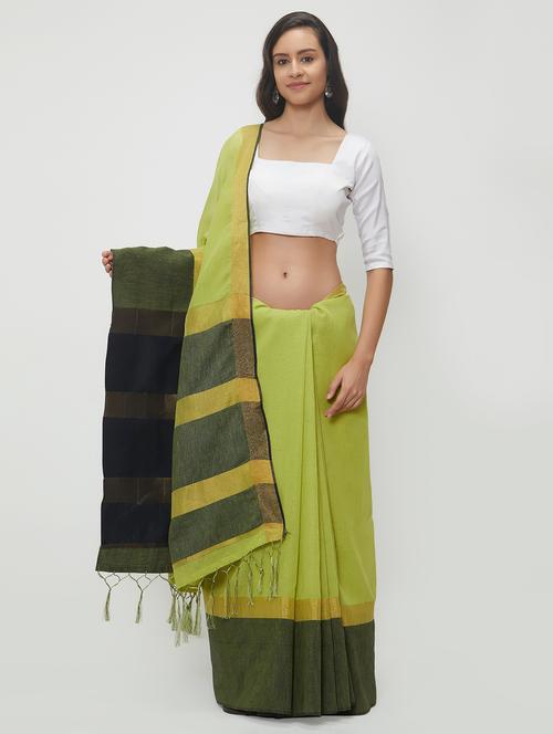 contrast border linen handloom saree with blouse - 15530729 - Very Small Image - 1