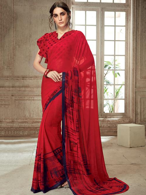 Contrast bordered printed saree with blouse - 15533487 - Very Small Image - 1