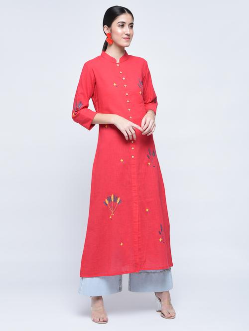 fuchsia a-line embroidered kurta - 15537708 - Very Small Image - 1