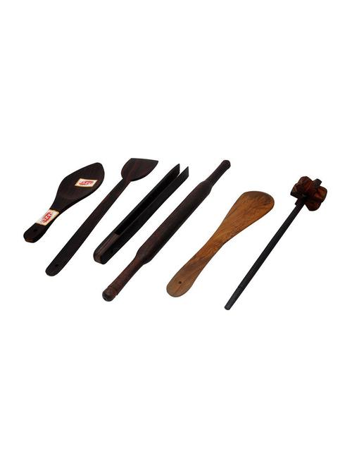 hazel wooden taveta ,belan, spatula, tong spoon, mandhyani combo small,dark brown, 6 pc set - 15540788 - Very Small Image - 1