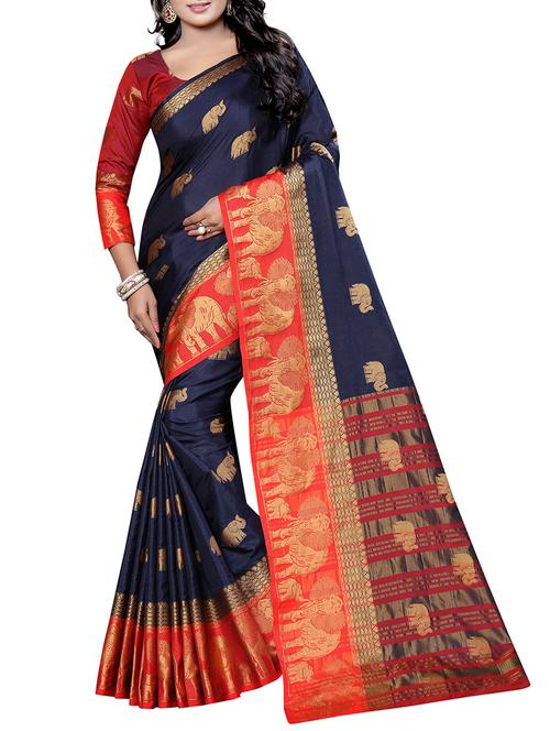 women's self design navy blue colored saree with blouse - 15541154 - Very Small Image - 1