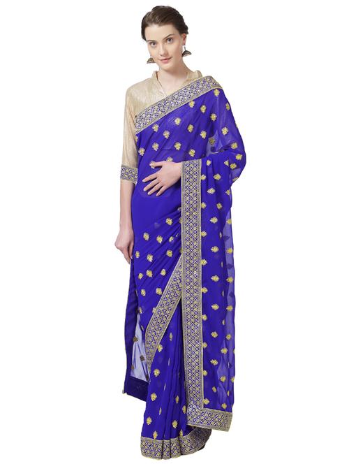 embroidered royal blue saree with blouse - 15541701 - Very Small Image - 1