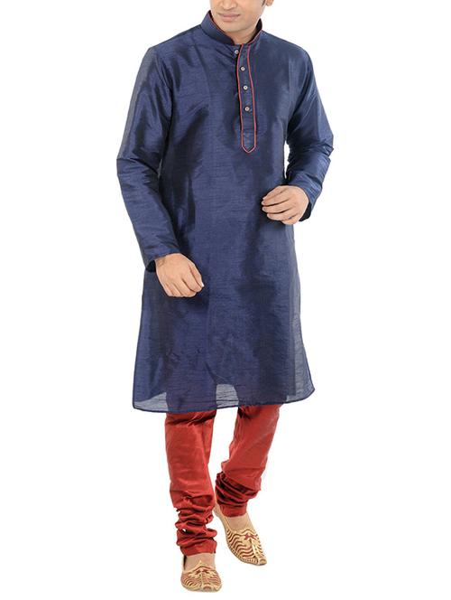 navy blue silk blend solid long kurta - 15547009 - Very Small Image - 1