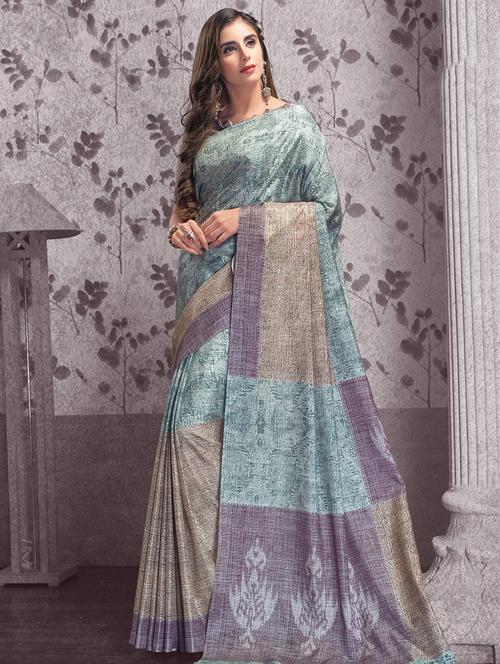 colour block tussar saree with blouse - 15547966 - Very Small Image - 1