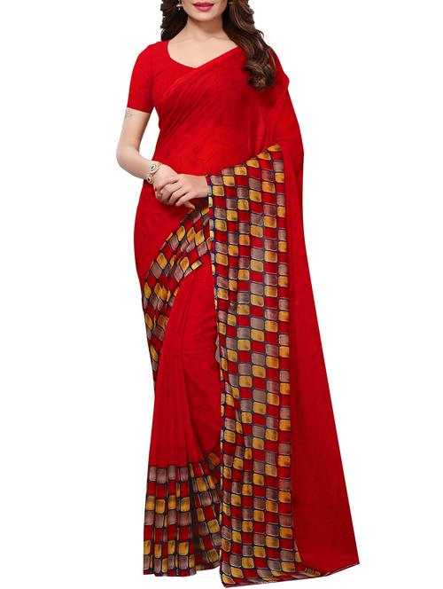 cherry red printed saree with blouse - 15548067 - Very Small Image - 1