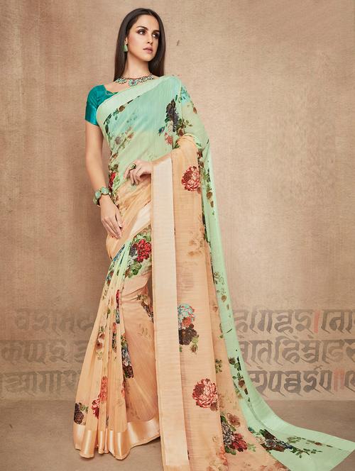floral printed linen saree with blouse - 15565002 - Very Small Image - 1