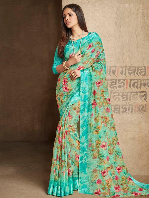 ditsy floral printed linen saree with blouse - 15565005 - Very Small Image - 1