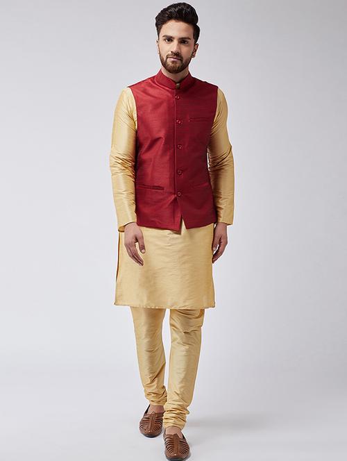 gold & maroon silk blend kurta pyjama set with nehru jacket - 15565980 - Very Small Image - 1