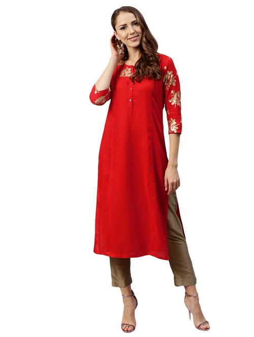 red straight solid kurta - 15567877 - Very Small Image - 1