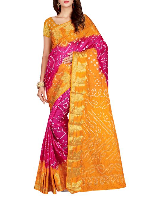 contrast zari border bandhani saree with blouse - 15575664 - Very Small Image - 1