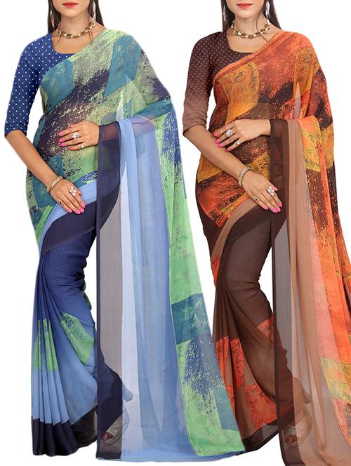 set of 2 multicolor printed saree combo with blouse - 15578709 - Very Small Image - 1