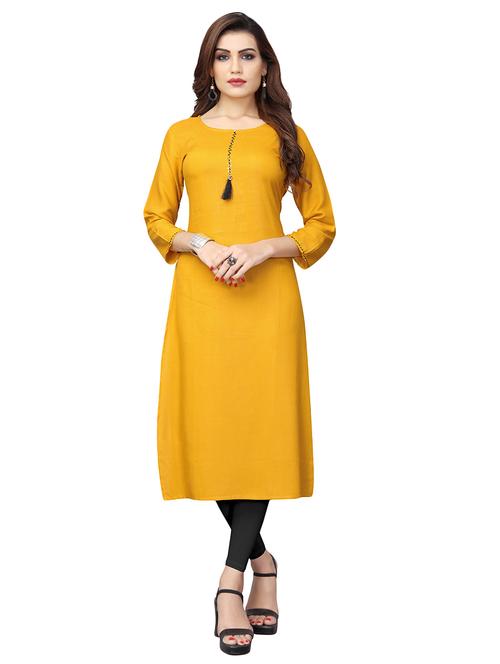 mustard straight kurta with tassels - 15581730 - Very Small Image - 1