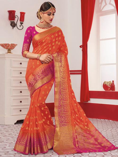 rust orange woven saree with blouse - 15583435 - Very Small Image - 1