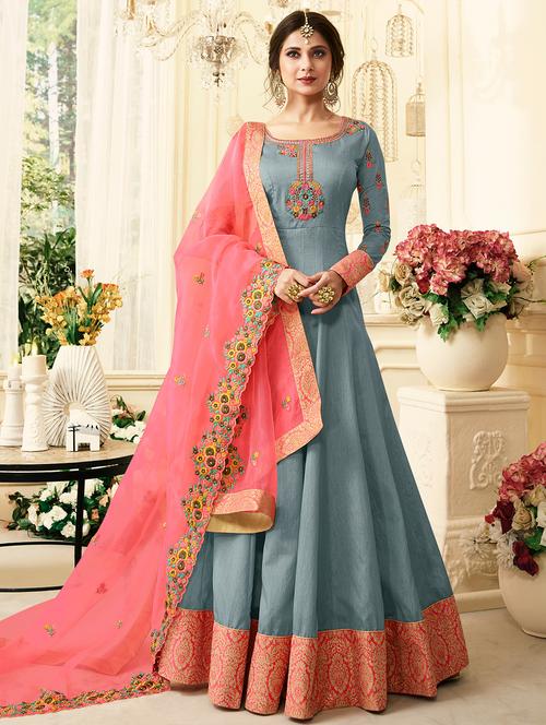embroidered anarkali suit with contrast dupatta - 15583799 - Very Small Image - 1