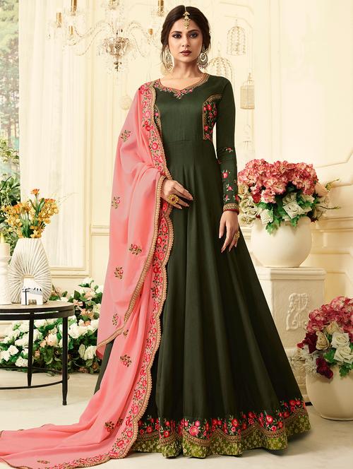 embroidered anarkali suit with contrast dupatta - 15583802 - Very Small Image - 1