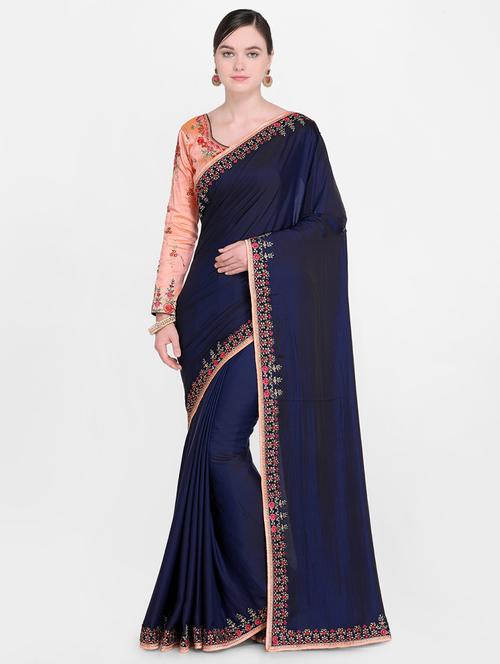 midnight blue bordered saree with blouse - 15584198 - Very Small Image - 1
