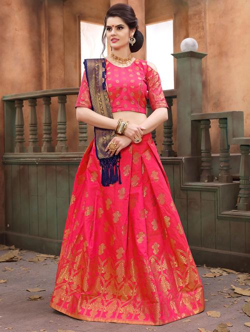 banarasi silk flared lehenga with contrast dupatta - 15585399 - Very Small Image - 1