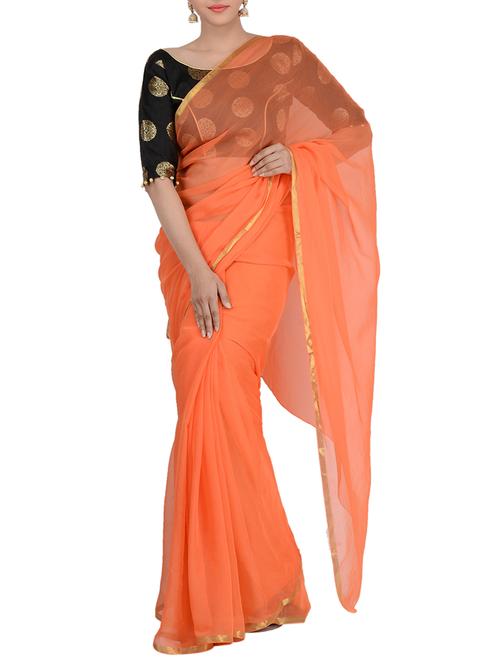 zari border peach saree with blouse - 15587333 - Very Small Image - 1