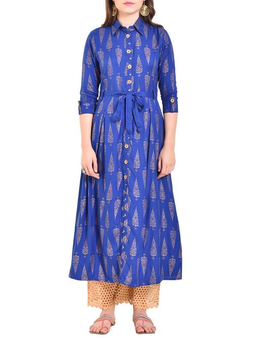 foil print a-line kurta with self fabric belt - 15601508 - Very Small Image - 1