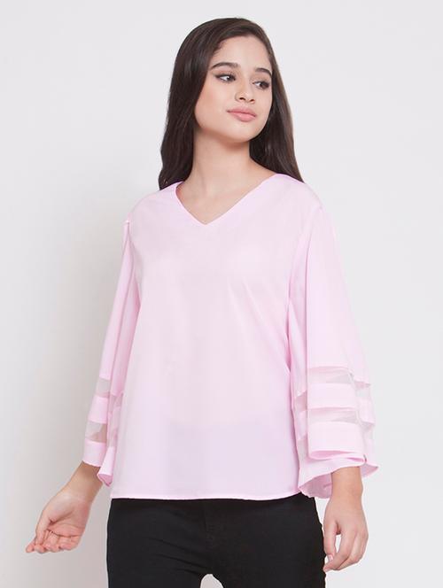 sheer panel flare sleeve top - 15603955 - Very Small Image - 1