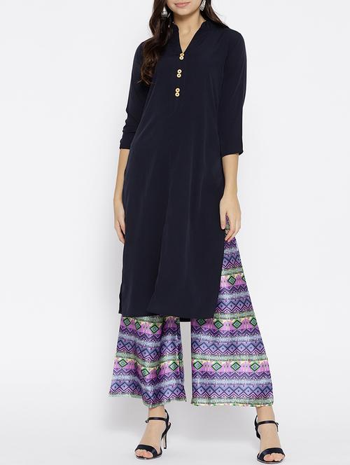 solid kurta with printed set - 15605713 - Very Small Image - 1