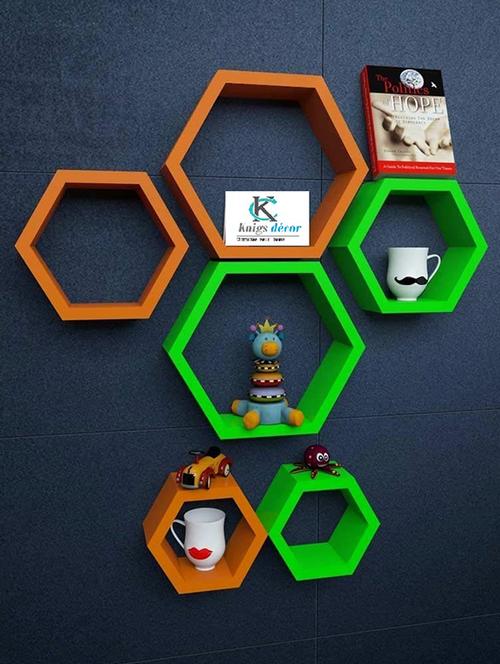 hexagon shape storage wall shelves  set-6   - green - orange - 15606775 - Very Small Image - 1