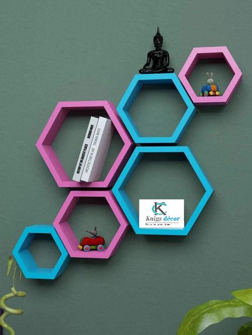 hexagon shape storage wall shelves  set-6   - pink - blue - 15606776 - Very Small Image - 1
