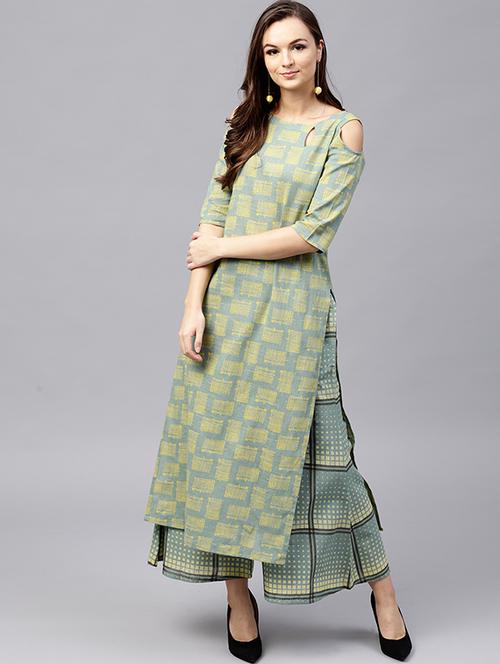 cold shoulder printed kurta with palazzo set - 15606897 - Very Small Image - 1