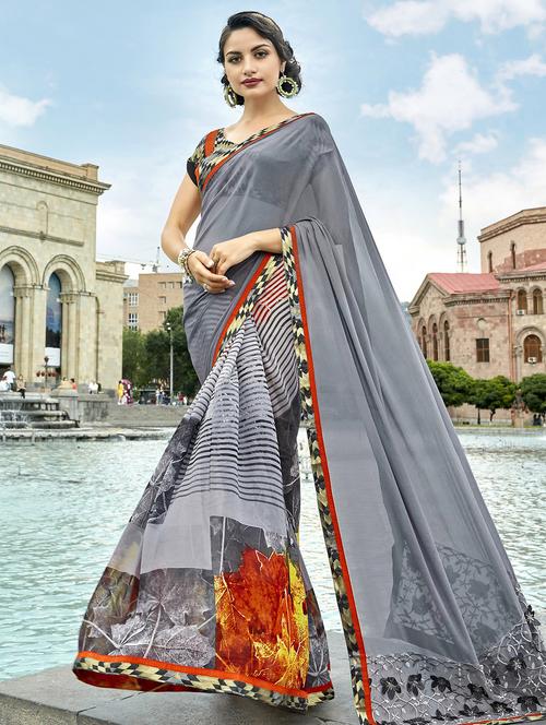 contrast bordered printed saree with blouse - 15608455 - Very Small Image - 1