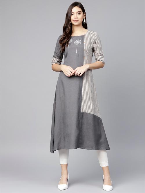 embroidered stripes a-line kurta - 15608475 - Very Small Image - 1