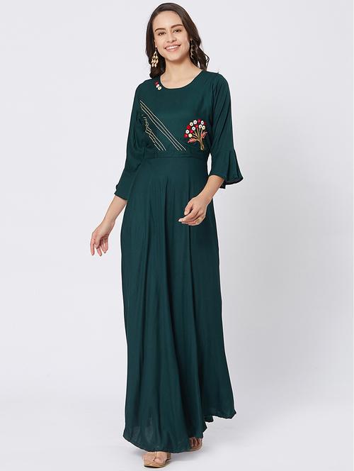 teal bell sleeves embroidered flared dress - 15609738 - Very Small Image - 1