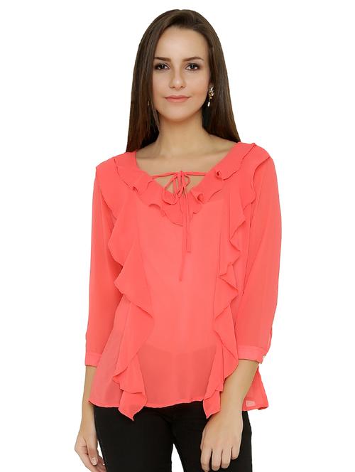 v-neck tie up detail ruffle top - 15610293 - Very Small Image - 1