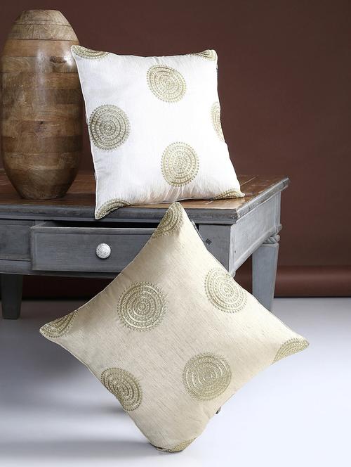romee polyester embroidered cushion cover 16" x 16" set of 2 - white & beige - 15611755 - Very Small Image - 1