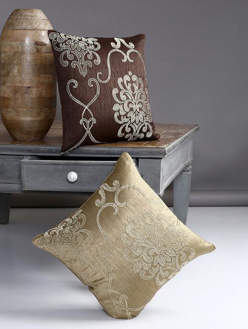 romee polyester embroidered cushion cover 16" x 16" set of 2 - brown & beige - 15611759 - Very Small Image - 1