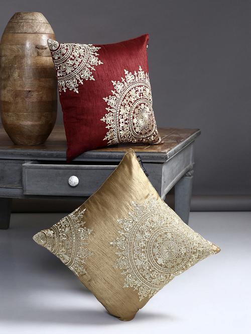 romee polyester embroidered cushion cover 16" x 16" set of 2 - maroon & beige - 15611774 - Very Small Image - 1