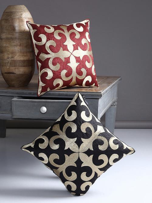 romee polyester embroidered ethnic motifs cushion cover 16" x 16" set of 2 - maroon & black - 15611778 - Very Small Image - 1