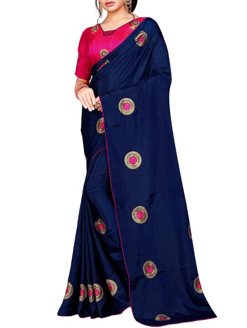 floral navy embroidered saree with blouse - 15615613 - Very Small Image - 1