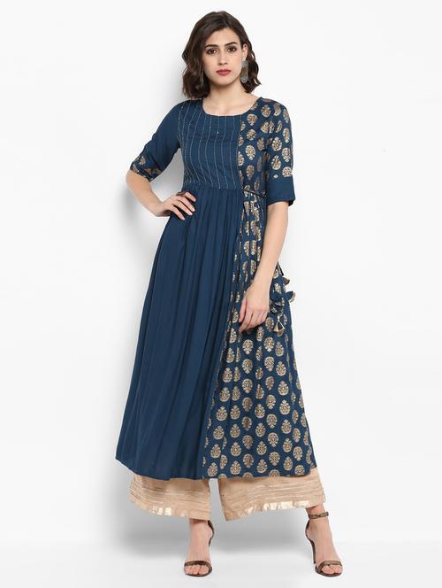 foil printed flared kurta with gota patti palazzo set - 15616100 - Very Small Image - 1