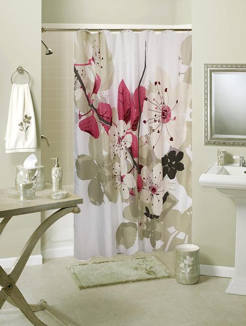 digital pink leaf design shower curtain with 12 eyelets and 12 hooks (single pc, 71 - 15619716 - Very Small Image - 1