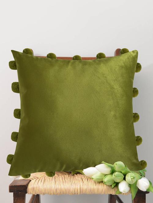 smooth green velvet cushion covers with matching vibrant pom poms (single pc, 16 - 15619773 - Very Small Image - 1
