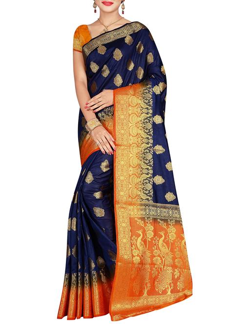 contrast conversational pallu banarasi saree with blouse - 15620332 - Very Small Image - 1