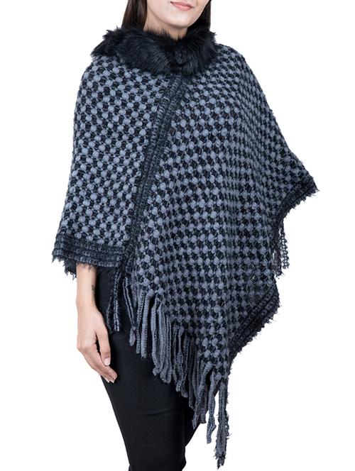 faux fur neck fringed hem poncho - 15621636 - Very Small Image - 1