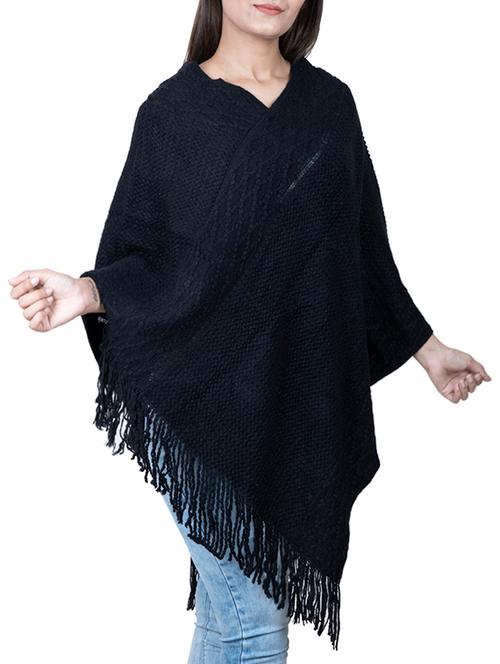 v neck fringed hem solid poncho - 15621653 - Very Small Image - 1