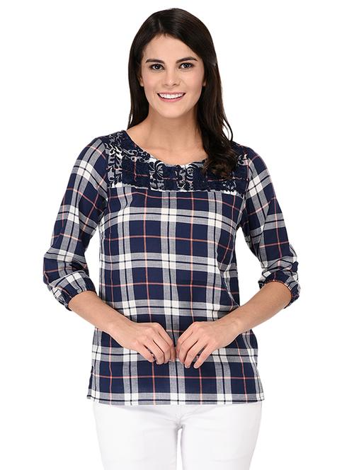 embroidered neck button detail checkered top - 15623573 - Very Small Image - 1