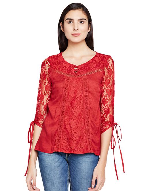 ruched detail sleeved lace paneled top - 15624463 - Very Small Image - 1